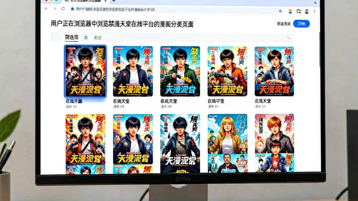 用户正在浏览器中浏览禁漫天堂在线平台的漫画分类页面，屏幕显示了多种类型的漫画缩略图和筛选选项，界面整洁清晰
