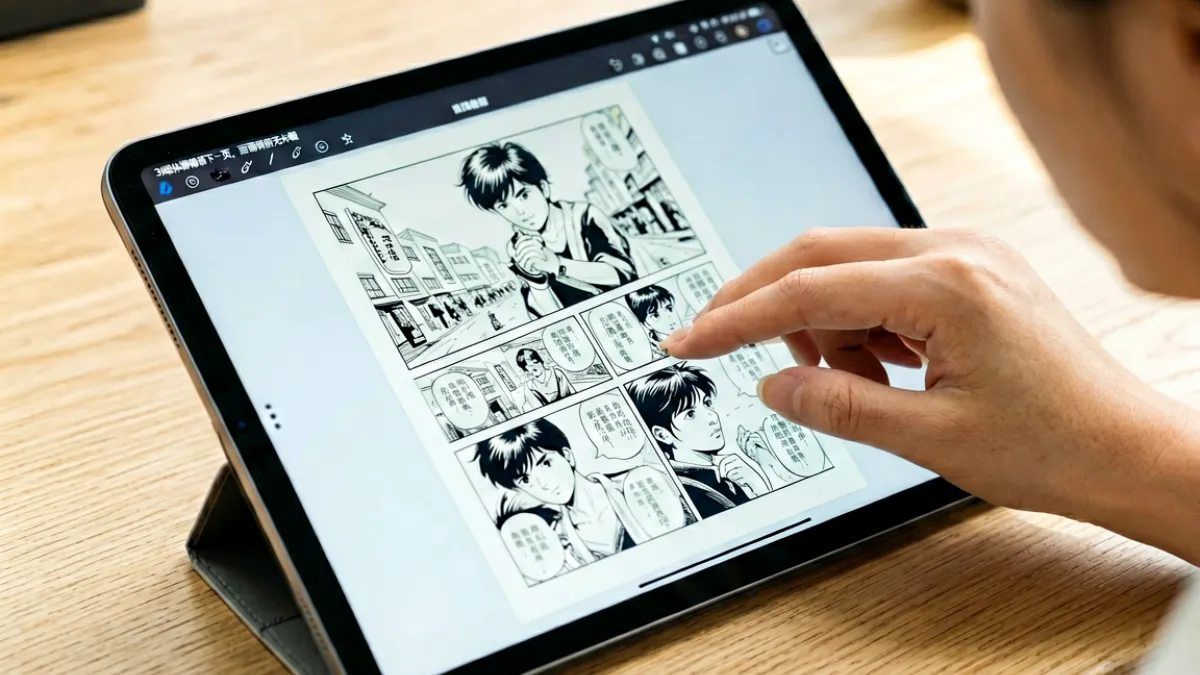 用户在平板电脑上以单页模式阅读高清漫画，手指轻触屏幕切换下一页，画面清晰无卡顿